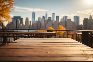 Empty wooden table top with manhattan view form Brooklyn in background with bokeh autumn sunlight. Geneartive Ai.