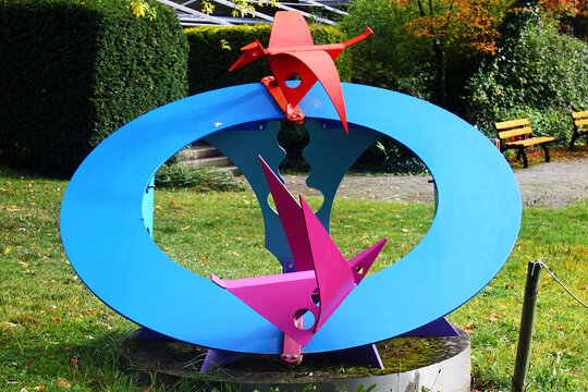 Bayreuth, Germany - October 13, 2023: Draupnir, the magic ring of Odin with ravens Huginn and Muninn, an abstract sculpture by Claus-Frenz Claussen. Nordic legends inspired Richard Wagner's operas.