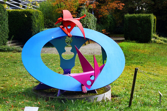 Bayreuth, Germany - October 13, 2023: Draupnir, the magic ring of Odin with ravens Huginn and Muninn, an abstract sculpture by Claus-Frenz Claussen. Nordic legends inspired Richard Wagner's operas.