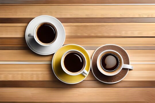 Tre tazzine di caffè colorate riprese dall'alto su superficie di legno come sfondo.