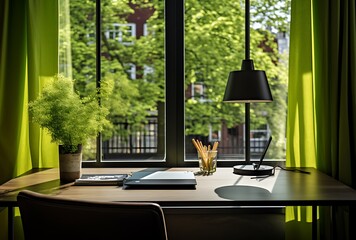 Interior of modern office with window and city view. 3D Rendering