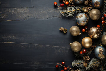 Christmas Tree With Baubles And Blurred Shiny Lights, Christmas Tree with Decorations Background, Merry Christmas and Happy New Year with place for text