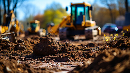 retroexcavadora excavando tierra y haciendo cimientos en una obra. - obrazy, fototapety, plakaty