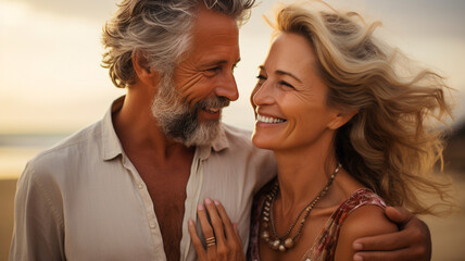 Alegre pareja de mediana edad, un hombre y una mujer, compartiendo un cariñoso abrazo en una playa