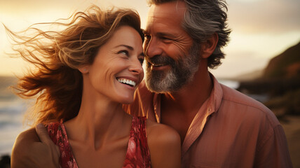 Alegre pareja de mediana edad, un hombre y una mujer, compartiendo un cariñoso abrazo en una playa - obrazy, fototapety, plakaty