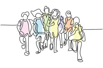 Continuous line art of a group of kids going to school or back to school. happy kid