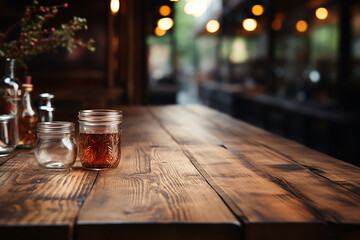 The empty light wood tabletop takes center stage, beautifully contrasting against the blurred background of a bustling coffee shop. The warm and inviting atmosphere is further enhanced by a cozy shelf
