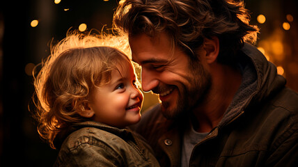 Retrato de un padre feliz que sostiene a su linda niña mientras los dos sonrien - obrazy, fototapety, plakaty