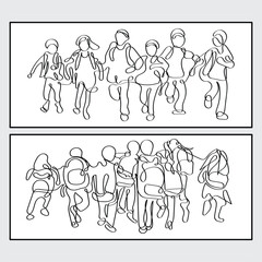 Continuous line art of a group of kids going to school or back to school. happy kid