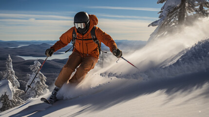 Fototapeta Man in orange jacket and helmet skiing downhill in high mountains. obraz