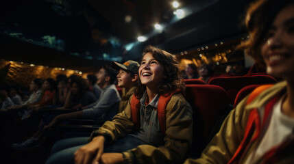 Group of children watching movie in the cinema. Concept of entertainment and enjoyment.