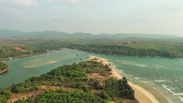 Goa, India: Aerial view of famous Indian summer resort by Arabian Sea, southern part of region with beaches Mobor, Betul and Cavelossim beach - landscape panorama of South Asia from above