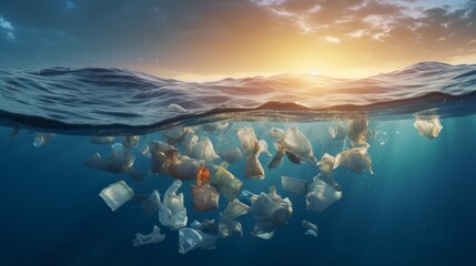 Plastic bags and other garbage pollution in ocean, Generative AI - obrazy, fototapety, plakaty