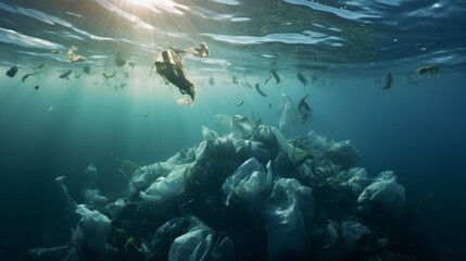 Fototapeta na wymiar Plastic bags and other garbage pollution in ocean, Generative AI