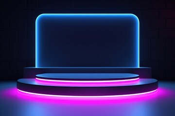 blue purple stage spotlight. Podium with neon light minimal 3d rendering set design for product and cosmetics photography - obrazy, fototapety, plakaty