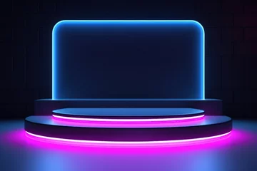 Fotobehang blue purple stage spotlight. Podium with neon light minimal 3d rendering set design for product and cosmetics photography © Dina