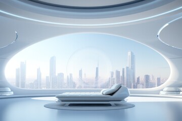 futuristic minimal hotel room interior with a view of city skyline