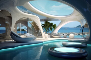 Obraz na płótnie Canvas futuristic minimal spa hotel room interior with a view of city skyline