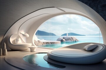 futuristic minimal spa hotel room interior with a view of city skyline