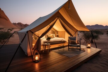 glamping tent in desert view at sunset with cozy light. Sustainable eco travel concept. - obrazy, fototapety, plakaty