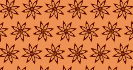 Star anise seamless pattern. Aromatic spice brown backdrop. Holiday aroma background. Natural scent element.