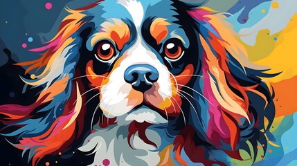 A closeup colorful digital painting of a Cavalier King Charles spaniel dog - Generative AI