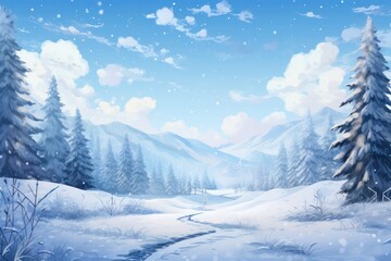 Obraz premium winter landscape with fir trees and snow with blue sky