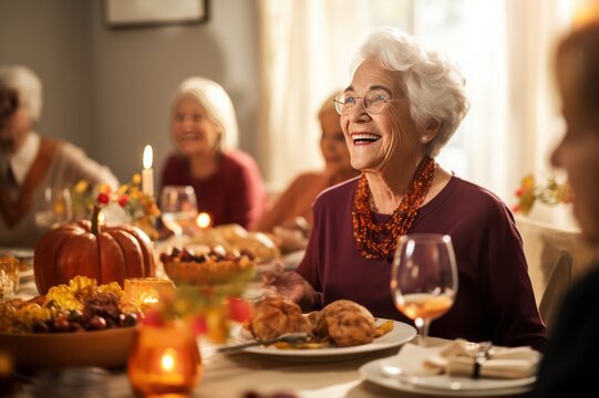 grandmother at family dinner celebrating thanksgiving. Senior woman portrait on holiday season.