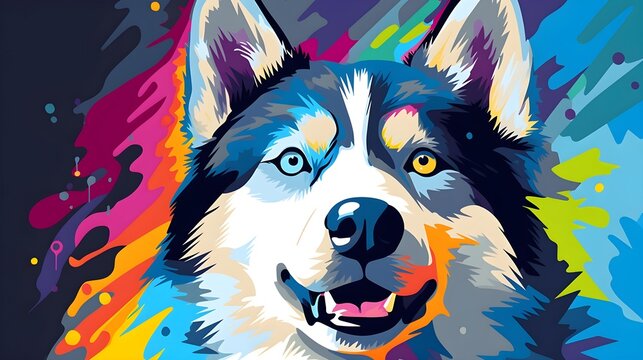 A closeup colorful digital painting of a husky dog - Generative AI