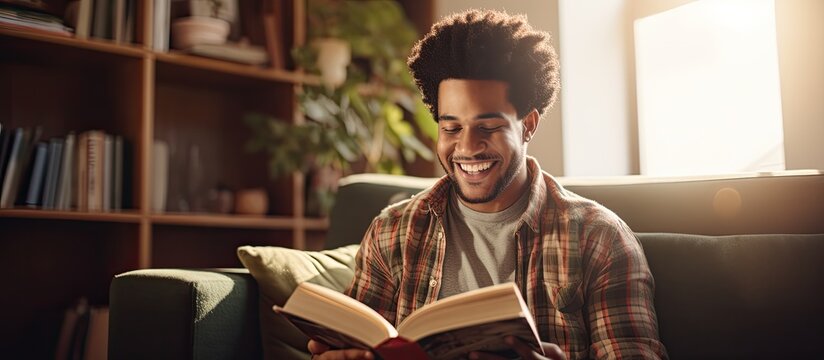 African Man In Plaid Shirt Reading Book At Home With A Smile With Copyspace For Text