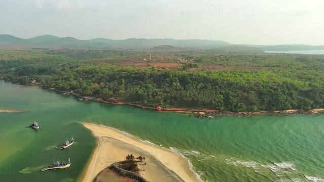 Goa, India: Aerial view of famous Indian summer resort by Arabian Sea, southern part of region with beaches Mobor, Betul and Cavelossim beach - landscape panorama of South Asia from above