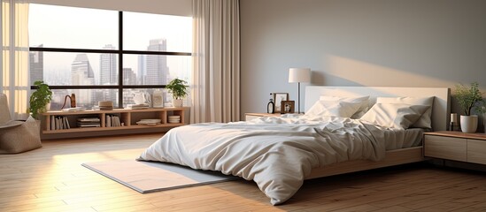 Contemporary furnished bedroom With copyspace for text