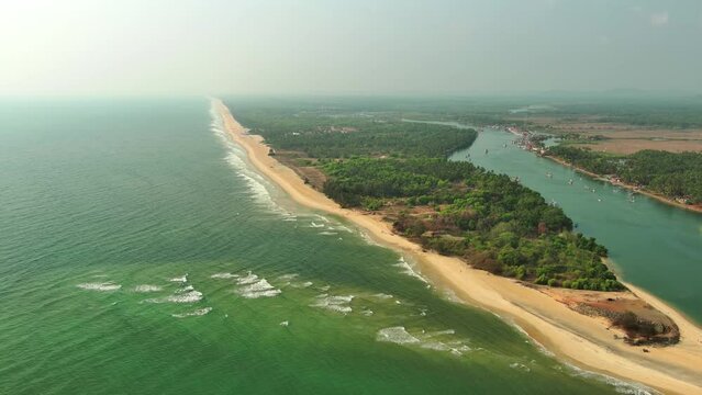 Goa, India: Aerial view of famous Indian summer resort by Arabian Sea, southern part of region with beaches Mobor, Betul and Cavelossim beach - landscape panorama of South Asia from above
