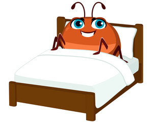 Funny illustration of bed bug in Bed smiling happy vector cartoon character. Comic concept of infestation
