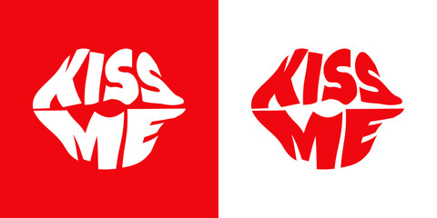 Logo con palabra kiss me con forma de silueta de labios de mujer en tipografía retro para su uso en invitaciones y tarjetas de San Valentín - obrazy, fototapety, plakaty