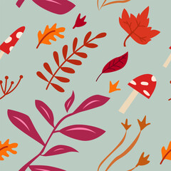 Autumn Leaves Seamless Pattern. Trendy Flat Style. Vector Blue Background.