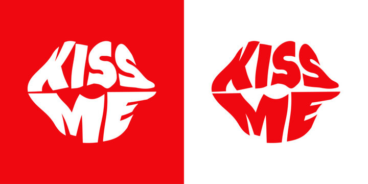 Logo con palabra kiss me con forma de silueta de labios de mujer en tipograf&iacute;a retro para su uso en invitaciones y tarjetas de San Valent&iacute;n