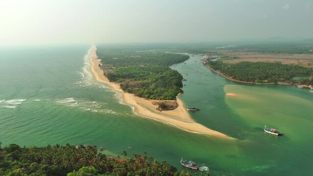 Goa, India: Aerial view of famous Indian summer resort by Arabian Sea, southern part of region with beaches Mobor, Betul and Cavelossim beach - landscape panorama of South Asia from above
