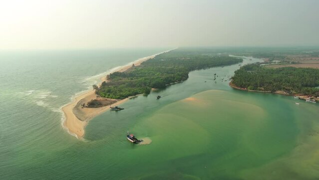 Goa, India: Aerial view of famous Indian summer resort by Arabian Sea, southern part of region with beaches Mobor, Betul and Cavelossim beach - landscape panorama of South Asia from above