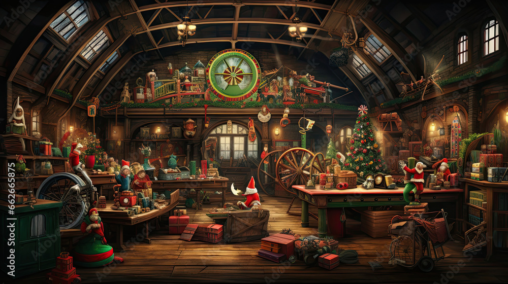 Wall mural a festive background with santa's workshop showcasing busy elves crafting toys and loading them onto