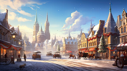 Fototapeta premium A panoramic view of a picturesque town square complete with a towering tree horse-drawn carriages and a choir singing carols