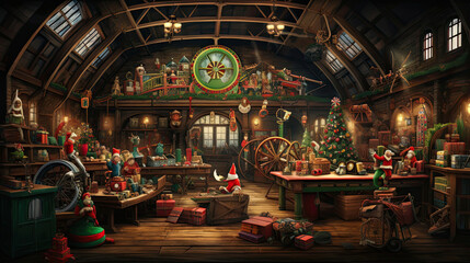 Fototapeta na wymiar A festive background with Santa's workshop showcasing busy elves crafting toys and loading them onto a conveyor belt