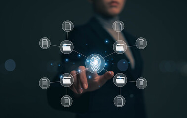 Businessman is scanning a friend's fingerprint to unlock and access important document information online. Concept of using technology for document protection.
