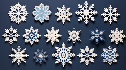 A playful arrangement of friendly snowflakes each with its own unique expression and pattern