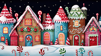 A whimsical pattern of gingerbread houses with candy cane fences and gumdrop roofs