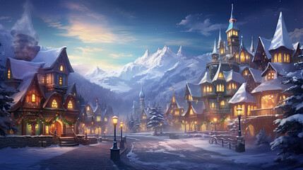 Rows of festively decorated houses with twinkling lights and glowing windows surrounded by a snowy landscape