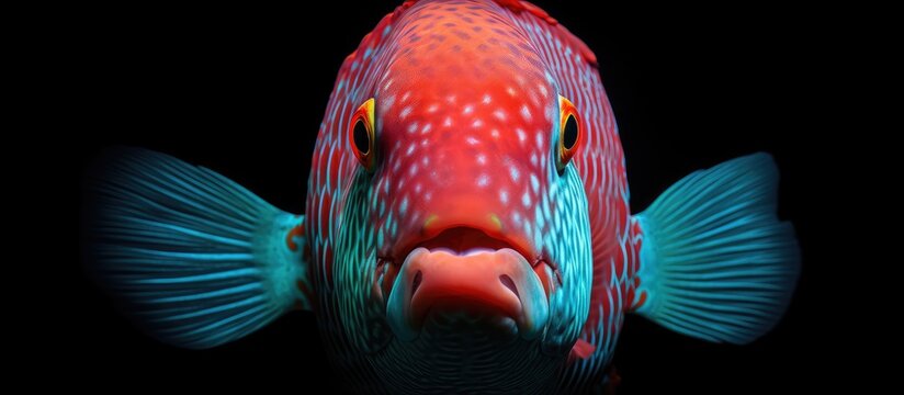 Closeup photo of parrot fish vignetted looking at camera With copyspace for text