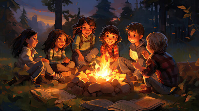 A lively scene of children roasting marshmallows and making s'mores around a cozy campfire