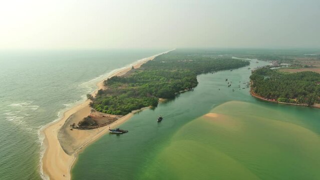 Goa, India: Aerial view of famous Indian summer resort by Arabian Sea, southern part of region with beaches Mobor, Betul and Cavelossim beach - landscape panorama of South Asia from above
