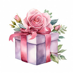 Birthday gift box and rose Illustration, Generative Ai